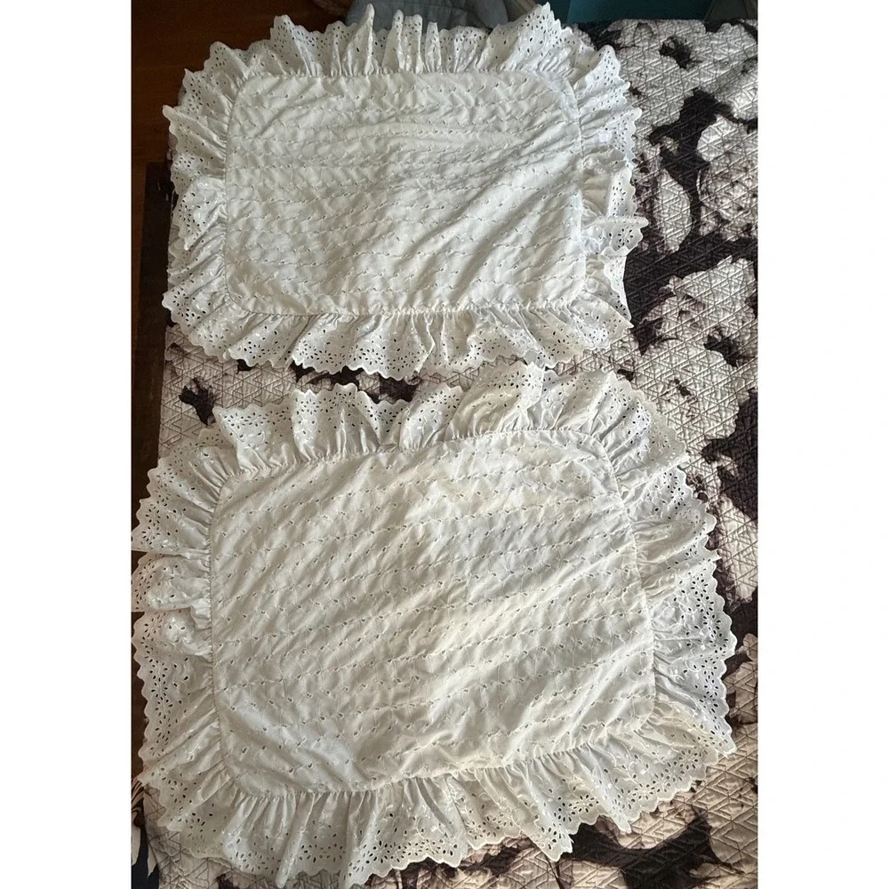 Vintage White Eyelet Lace Ruffled Pillow Shams Pair Standard Size Cottagecore